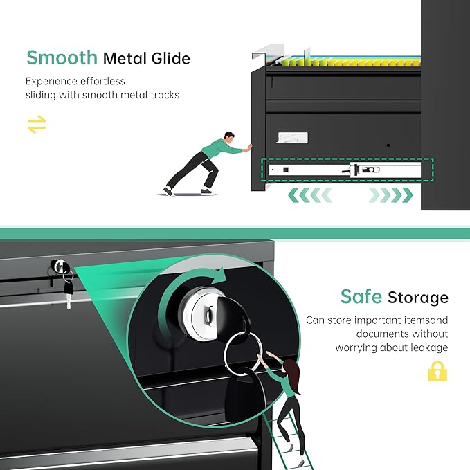 Superday Black Filing Cabinet 3 Drawer File Cabinet 20" Deep, Locking Metal File Drawer Cabinets, Rolling Filing Cabinets with Lock for Office Letter/A4/Legal (Black)