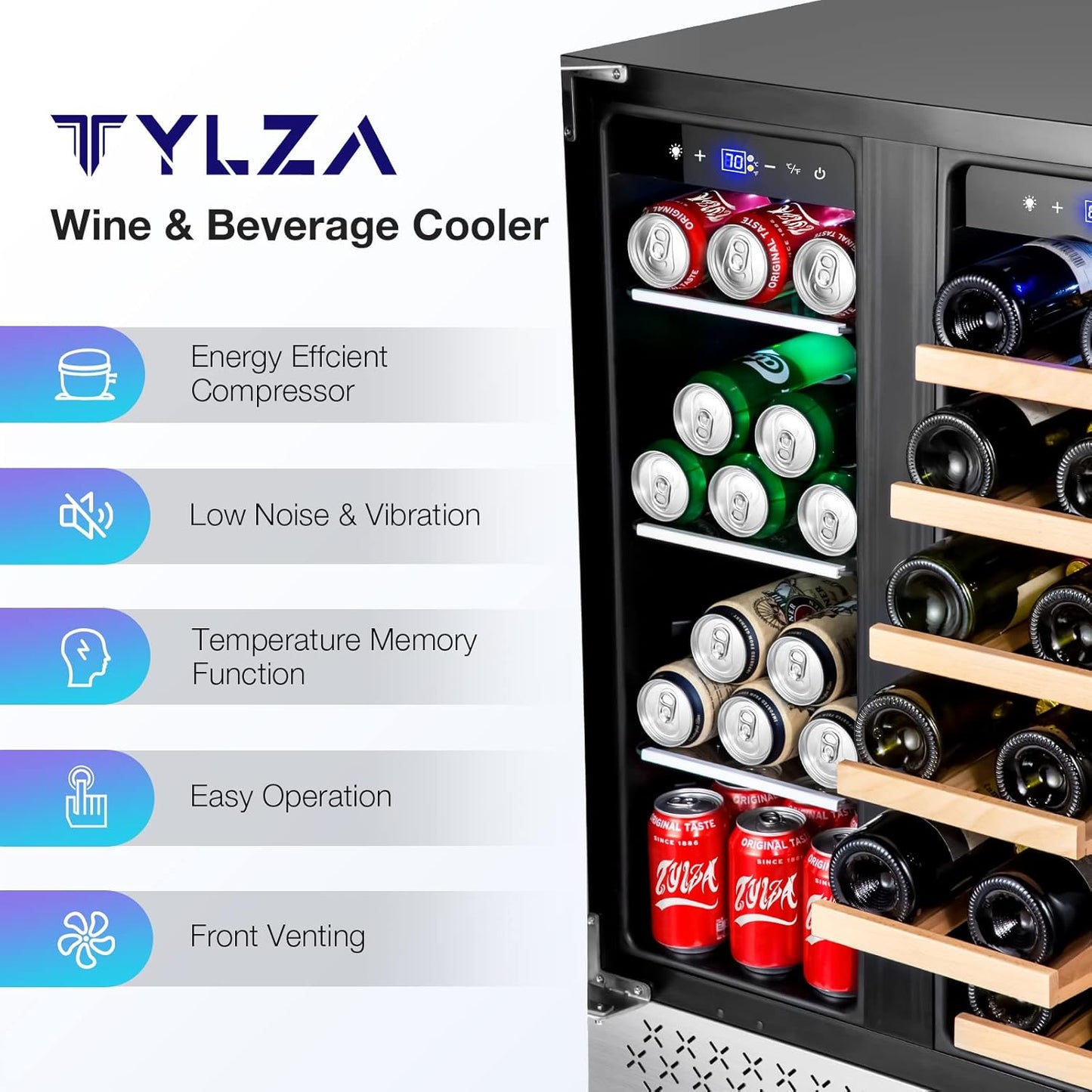 Tylza Wine and Beverage Refrigerator, 24 inch Dual Zone Wine Beverage Cooler Built-in and Freestanding, with Seamless Stainless Steel Door Quick Cooling Under Counter Beer Wine refrigerator