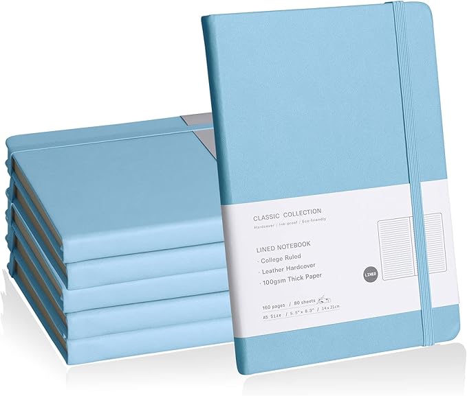 Lined Journal Notebook, 6Pack(sky blue), 160 Pages, Medium 5.7 inches x 8 inches - 100 gsm Thick Paper, Hardcover
