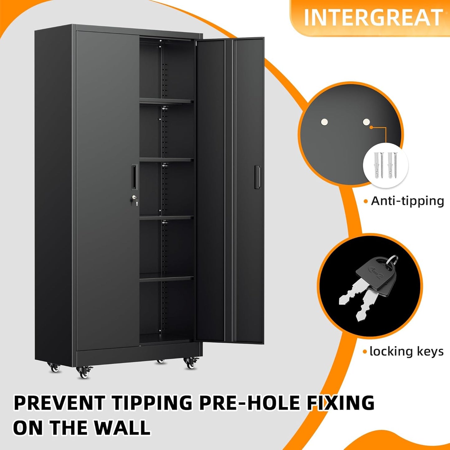 INTERGREAT Rolling Storage Cabinet, 73" Tall Lockable Tool Cabinet with Pegboard and Shelves, Heavy-Duty File Cabinet with Wheels for Garage, Basement, Warehouse, Black