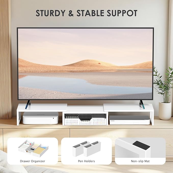 White Dual Monitor Stand Riser, Metal Desk Organizers and Accessories with Drawer and 2 Pen Holders, Computer Monitor Stand for Desk