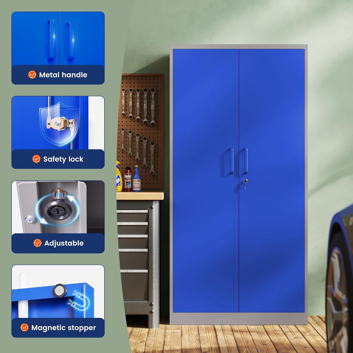 Yizosh Metal Garage Storage Cabinet with 2 Doors and 5 Adjustable Shelves - 71" Steel Lockable File Cabinet,Locking Tool Cabinets for Office,Home,Garage,Gym,School (Gray Blue)