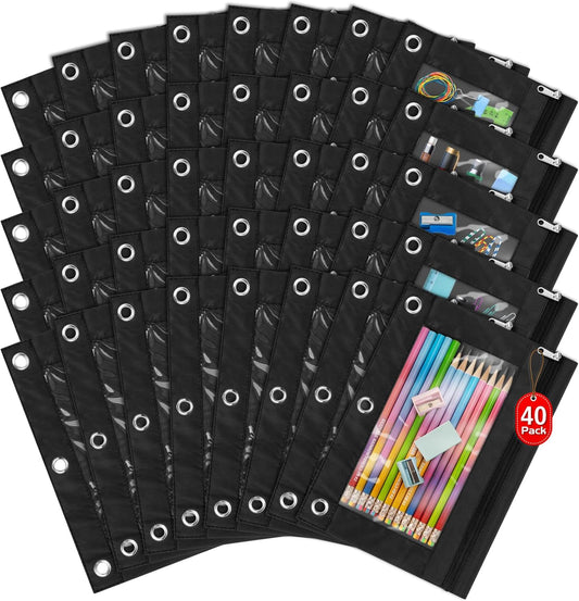 IKAYAS 40 Pack Black Pencil Pouch for 3 Ring Binder Colorful Pencil Pouch with Zipper Bulk, 3 Ring Binder Pencil Pouches Pencil Case Pencil Bags for Classroom Storing School Teacher Supplies