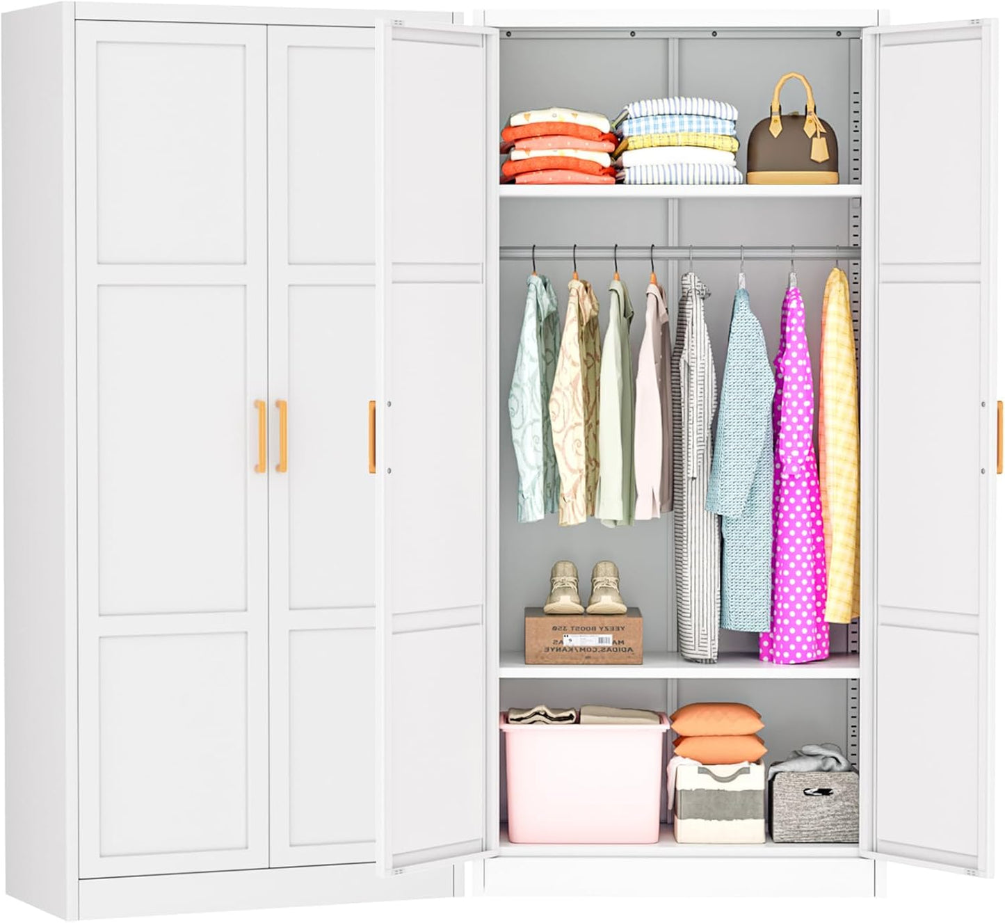 Greenvelly Metal Wardrobe Cabinet with Wooden Handle, 72" Metal Wardrobe Closet with Hanging Rods and Adjustable Shelves, Clothing Storage Closet Cabinet for Home, Office, Employee, Gym (White)