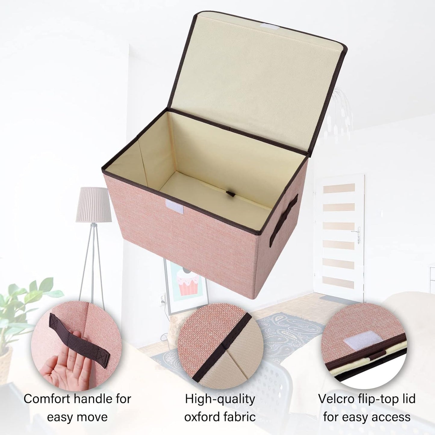 Linen Fabric Foldable Storage Cube Bin Organizer Basket with Flip-Top Lid & Handles, Large Clothes Blanket Box for Home, Office, Closet, Pink, 4 Pack 14.6 x 9.5 x 9.5”