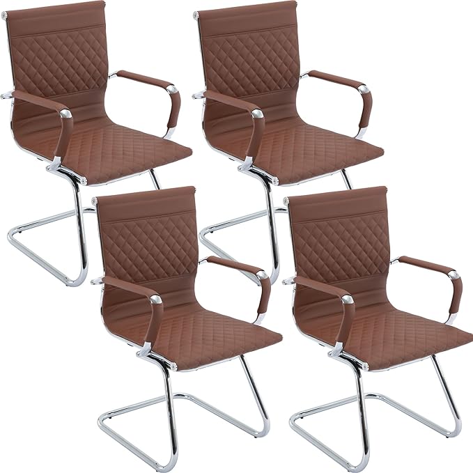 Office Guest Reception Chairs Set of 4 - Modern PU Leather Conference Room Chair With Mid Back for Waiting Room, Desk - Coffee