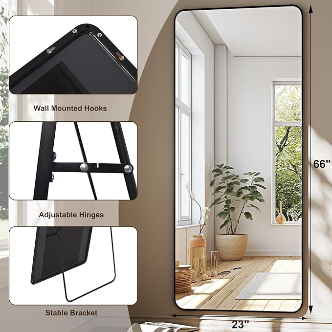 HARRITPURE 66x23 inch Rounded Full Length Mirror Aluminum Frame Mirror Full Length Floor Mirror with Stand for Living Room Bedroom Cloakroom,Black
