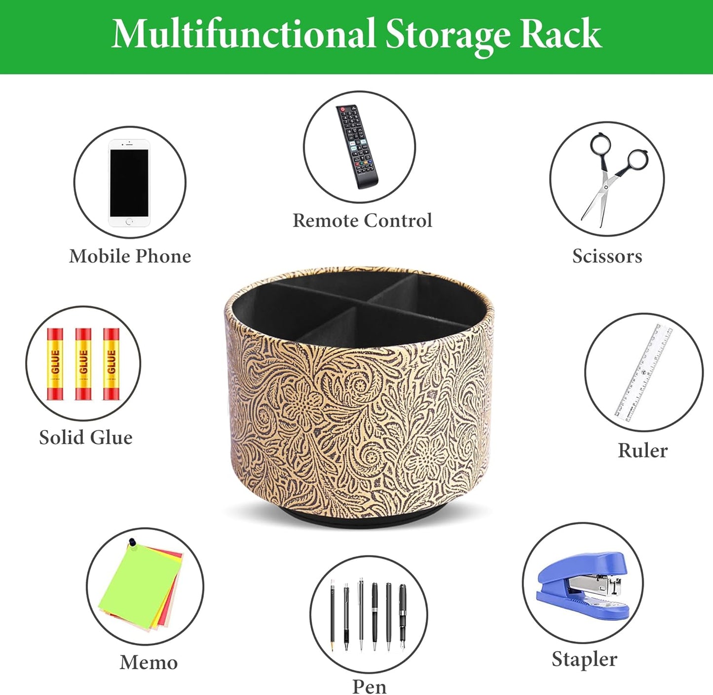 lizimandu Round Leather Art Supply Organizer,Remote Control Holder,360 Degree Spinning,Multi-Functional Pencil Holder,4 Compartments Desktop Stationary Organizer(1-Yellow Black)