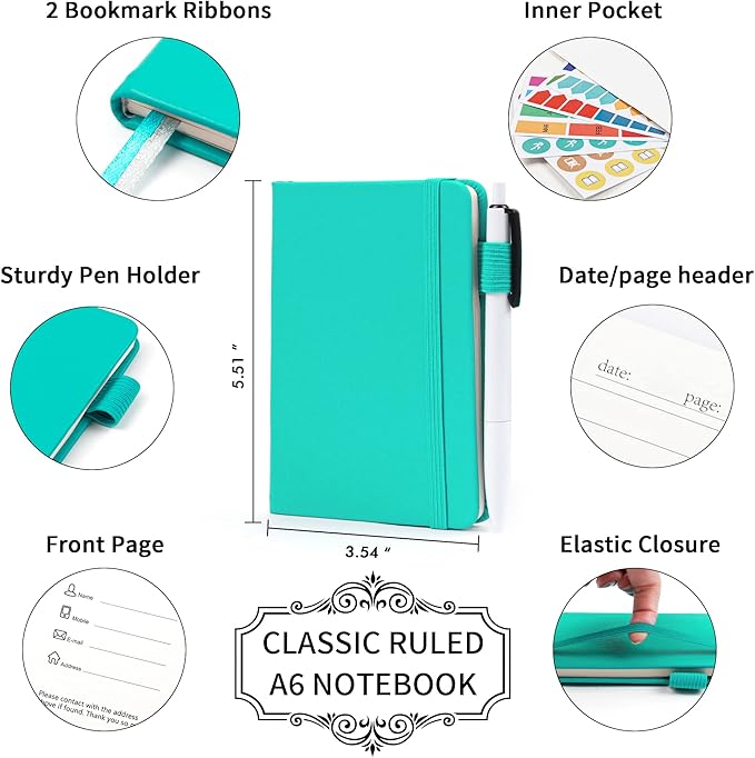 feela 15 Pack Pocket Small Notebooks Bulk, Mini Cute Memo Notepads Hardcover College Ruled Lined Journals with Pen Holder for Women Girls Office School, with 15 Black Pens, 3.5”x 5.5”, A6, Aqua