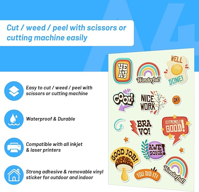 TECKWRAP Printable Vinyl Sticker Paper for Inkjet Printer, Glow in the Dark Vinyl Inkjet Printable Sticker Paper, 8.26" x 11.69" A4 Size for Scrap-booking, Craft Cutters, Home Decor, 14 Sheets/Pack