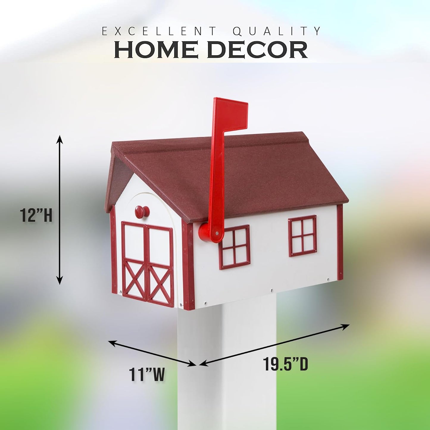 Peaceful Classics Poly Mailbox Durable, Weather-Resistant Amish Craftsman Mailboxes, Outside Uses Like Front Yard and Road Side Long-Lasting, Decorative, Modern Mailbox (White w/Burgundy Trim & Roof)