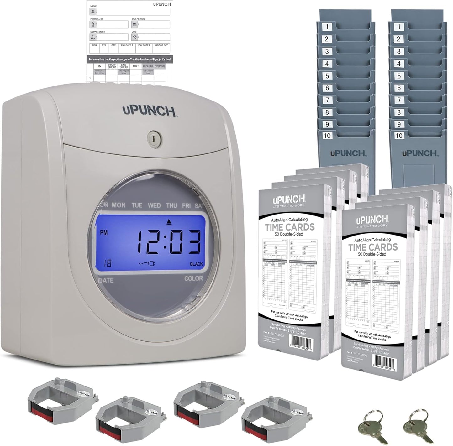 uPunch HN4540 Comprehensive Small Business Start-Up Kit: AutoAlign Calculating Time Clock System with 400 Time Cards, Ribbons, and Racks