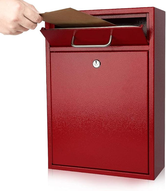 KYODOLED Steel Key Lock Mail Boxes Outdoor, Locking Wall Mount Mailbox, Security Key Drop Box, Collection Boxes,16.2H x 11.22L x 4.72W Inches, Red X Large
