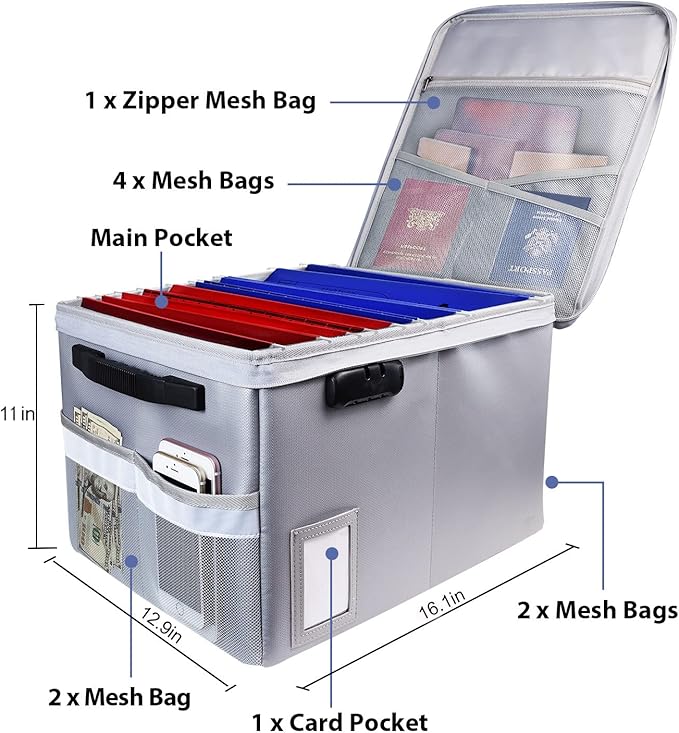File Box with Lock, Fireproof Document Box File Organizer Box, Portable Office Collapsible File Storage with Reflective Strip for Hanging Letter/Legal Size Folder/Certificate