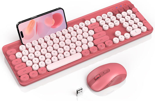 Wireless Keyboard and Mouse Combo, Retro Round Keycap Typewriter Keyboard with Phone/Tablet Holder, Cute Colorful Keyboard for Computer/Laptop/Windows by SABLUTE (Pink)
