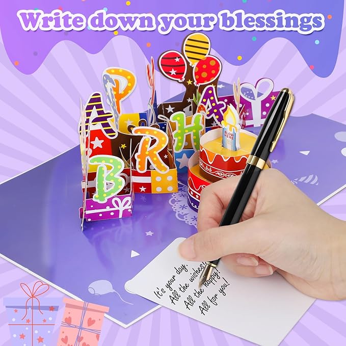 Customizable Age 3D Birthday Card – LED Light, Blowable Candle & Music Pop-Up Greeting Card for Women, Men (1-100 Years) Purple Gold