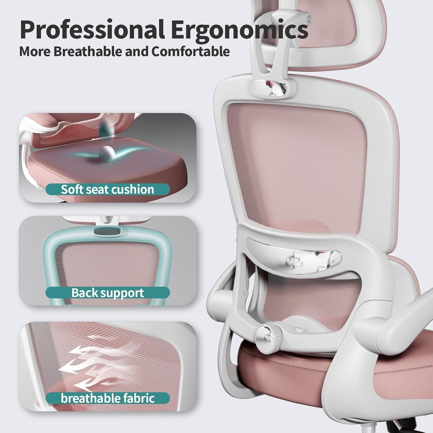 TRALT Office Chair Ergonomic Desk Chair, 330 LBS Home Mesh Office Desk Chairs with Wheels, Comfortable Gaming Chair, High Back Office Chair for Long Hours (Pink)