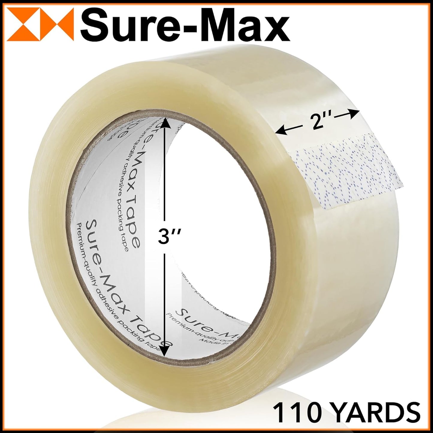 Sure-Max Premium Carton Packing Tape 1.8 mil 330 Feet (110 Yards) - Clear - 1 Case (36 Rolls Total)