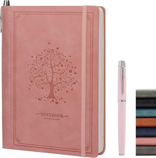 Lined Notebook Journal for Women Men 320 Pages A5 Hardcover Leather with Pen Holder College Ruled Journals for Work Note Taking Travel School Pink