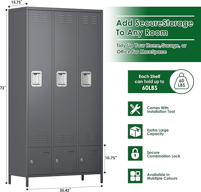 Metal Storage Locker with 3 Big Doors & 3 Small Doors, Lockers for Employees with Hooks for School Garage Office Gym Bedroom,Assembly Required,Dark Grey