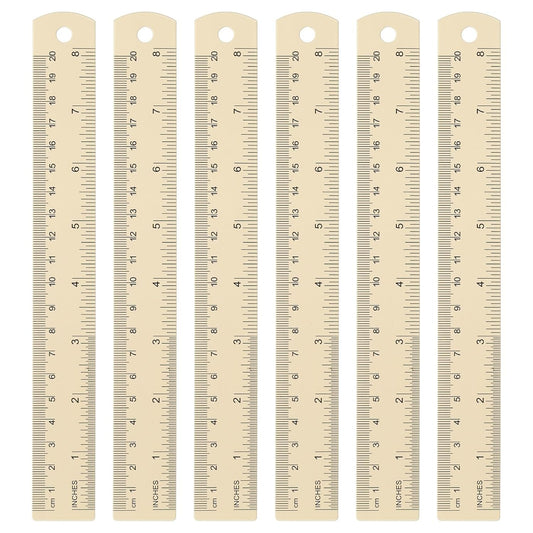 HARFINGTON 6pcs Metal Straight Ruler 20cm Metric SAE Aluminum Alloy Measuring Rulers Scale Tool with Hole for Measure Study Reading Classroom Office, Beige