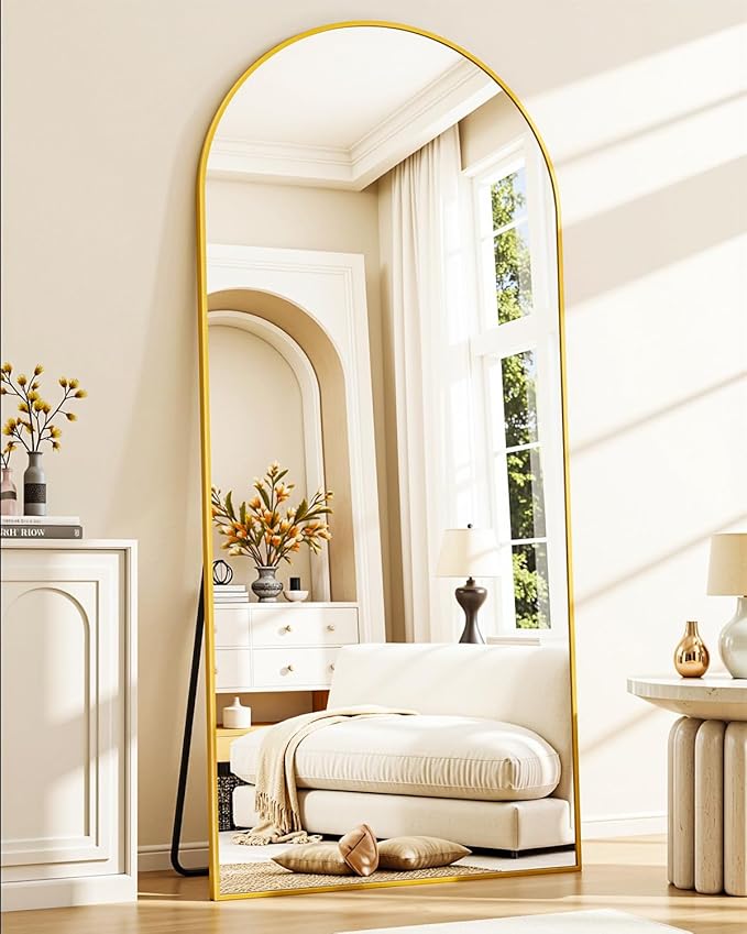 Full-Length Floor Mirror with Stand, 71"x32" Arched Style Full Body Standing Mirror for Bedroom, Living Room, Gym, Dorm - Shatter-Resistant & Easy Assembly, Gold