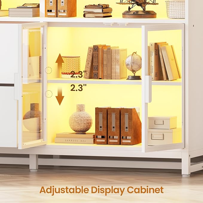 SEDETA 59" File Cabinet, 2 Drawers Filing Cabinets for Home Office fit Legal/Letter/A4 File, File Cabinet with Lock & Power Outlets, Printer Stand with Storage & LED Lights, White