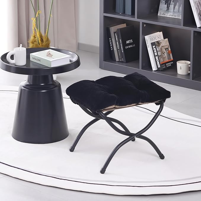 LITA Folding Upholstered Footrest Stool, Modern Small Portable Accent Ottoman with Detachable Thick Cotton Cushion Padded Sofa Stool with Metal Frame for Lazy Chair, Living Room & Bedroom, Plush Black