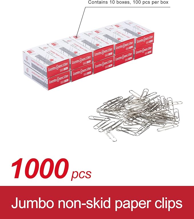 PAPERPAL Jumbo Paper Clips Nonskid, 1000 Large Paper Clips (10 Boxes of 100 Each), Bulk Paperclips for Office School & Personal Use, Daily DIY, 2" Silver Heavy Duty Non-Skid Paper Clips Jumbo Size