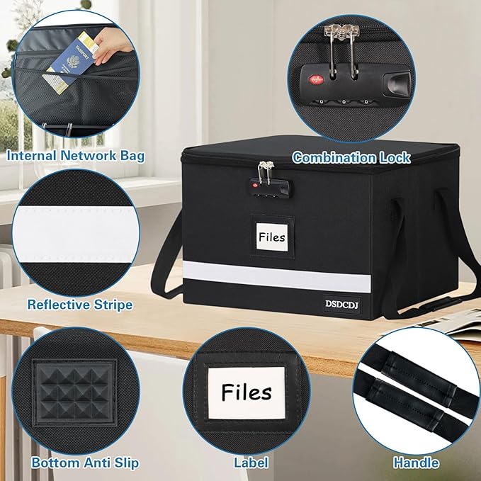 File Box with Lock - Portable File Box with Handle, Sturdy Important Document Organizer with Label, Slide, Reflective Strip for Hanging Letter/Legal Folder