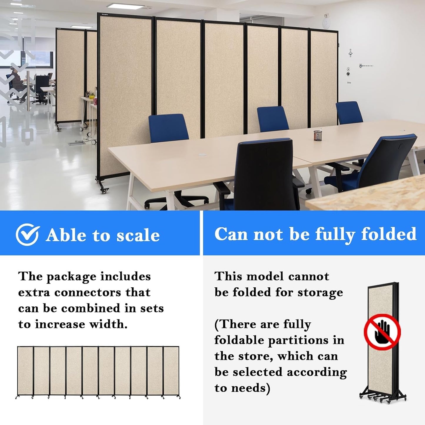 Upgrade Version Room Partition and Divider, Freestanding Rolling Dividers with Wheels,Office Privacy Screen Divider Wall,Classroom Felt Dividers,10'6"L* 6'7"H,5 Panel,Beige