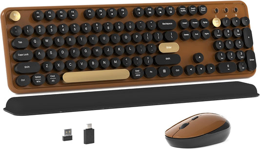 Colorful Wireless Computer Keyboard and Mouse Combo with Round Typewriter Keycaps, Retro Design, Power Switch, Ergonomic Design, 2.4GHz Wireless for Windows, Mac, PC(Black-Brown)