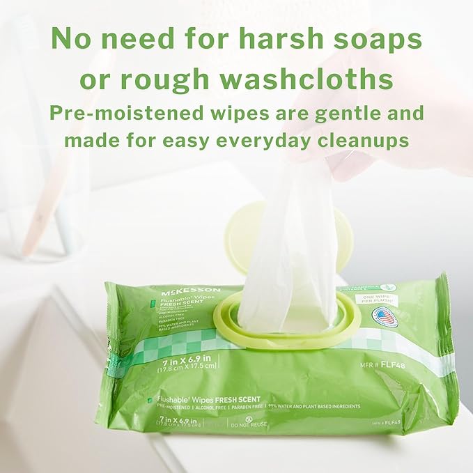 McKesson Flushable* Adult Wet Wipes – 576 Wipes (12 Pack of 48) – Aloe & Vitamin E, Plant-Based Cleansing Wipes, Unscented