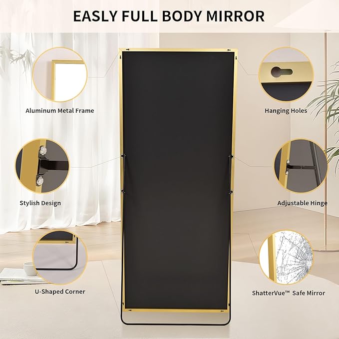 Full Length Mirror with Stand 34"x76" Full Body Mirror Floor Mirror Standing Hanging or Leaning Wall, Wall Mirror with Stand Aluminum Alloy Frame for Living Room Bedroom Cloakroom,Gold
