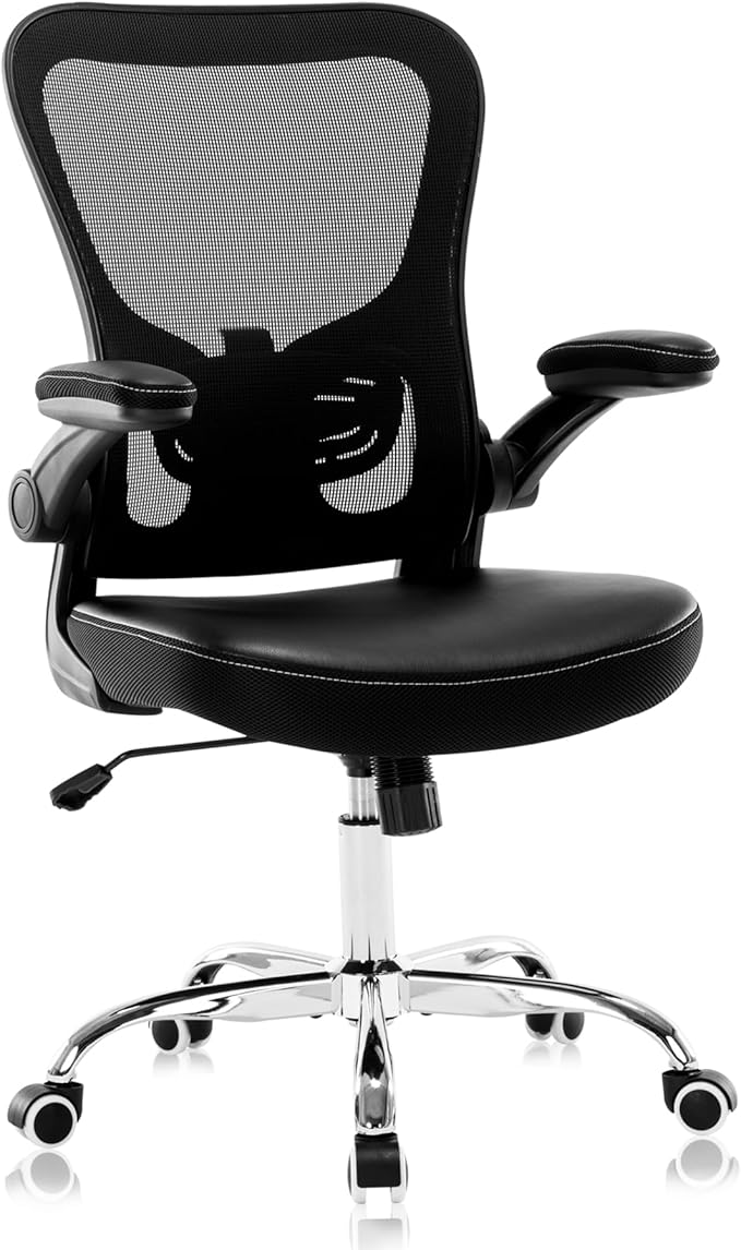 Office Chair, Mesh Ergonomic Desk Computer Chair with PU Leather Flip-up Armrest, Home Task Chair with Lumbar Support, Adjustable Executive Mid Back, Rolling Swivel,Black