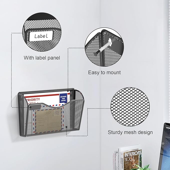 samstar 6 Pack Mesh Wall Mounted File Holder Metal Wall File Pocket Mail Organizer for Office/Home(with Label Panel)