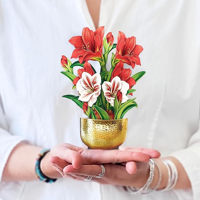 Freshcut Paper Pop Up Cards, Mini Scarlet Amaryllis, 6 Inch Mini Sized Forever Flower Bouquet 3D Popup Greeting Cards, Christmas Card, Holiday Card, Blank Notecard & Envelope