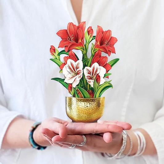 Freshcut Paper Pop Up Cards, Mini Scarlet Amaryllis, 6 Inch Mini Sized Forever Flower Bouquet 3D Popup Greeting Cards, Christmas Card, Holiday Card, Blank Notecard & Envelope
