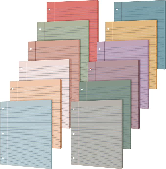 PerKoop 600 Sheets Colored Loose Leaf Paper 8.5" x 11" college ruled Lined 3 Hole Punched notebook Filler Paper for 3 Ring Binders Office School Supplies (Retro Color)