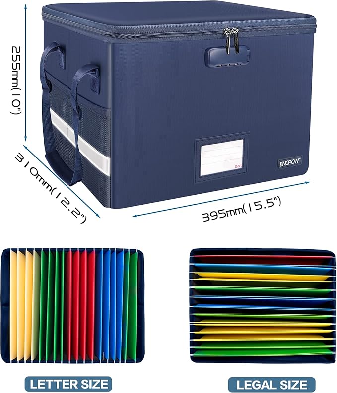 ENGPOW File Box with Lock,Fireproof Document Box with Pockets,Collapsible File Storage Organizer Filing Cabinet with Handle,Portable Home Office Safe for Hanging Letter/Legal Folders,2 Pack(Blue)