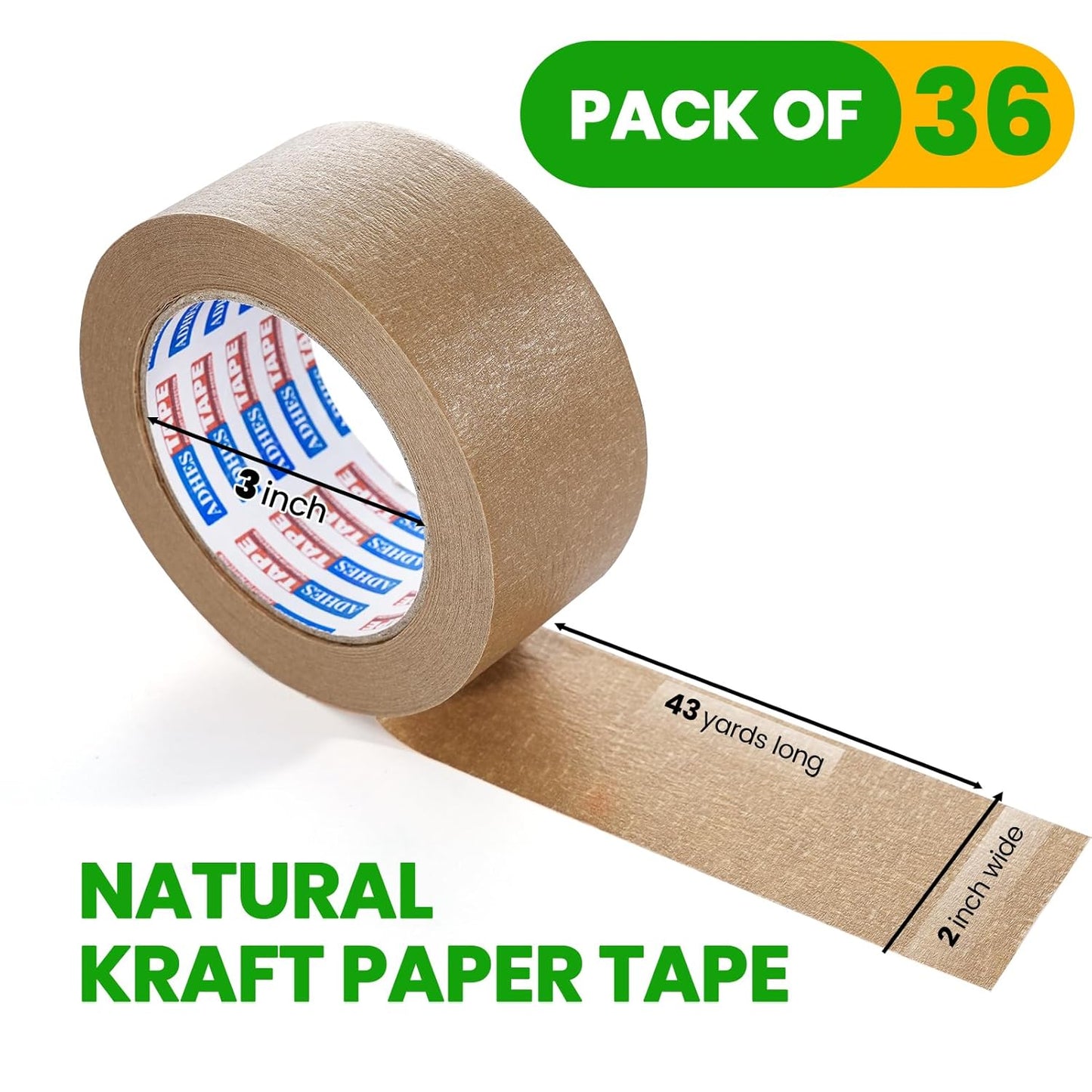 ADHES Heavy Duty Kraft Paper Tape Eco Friendly Packing Tape Writable Non-Coated Surface for Masking, Sealing, and Packaging Use,2” x 43 Yards,36Rolls
