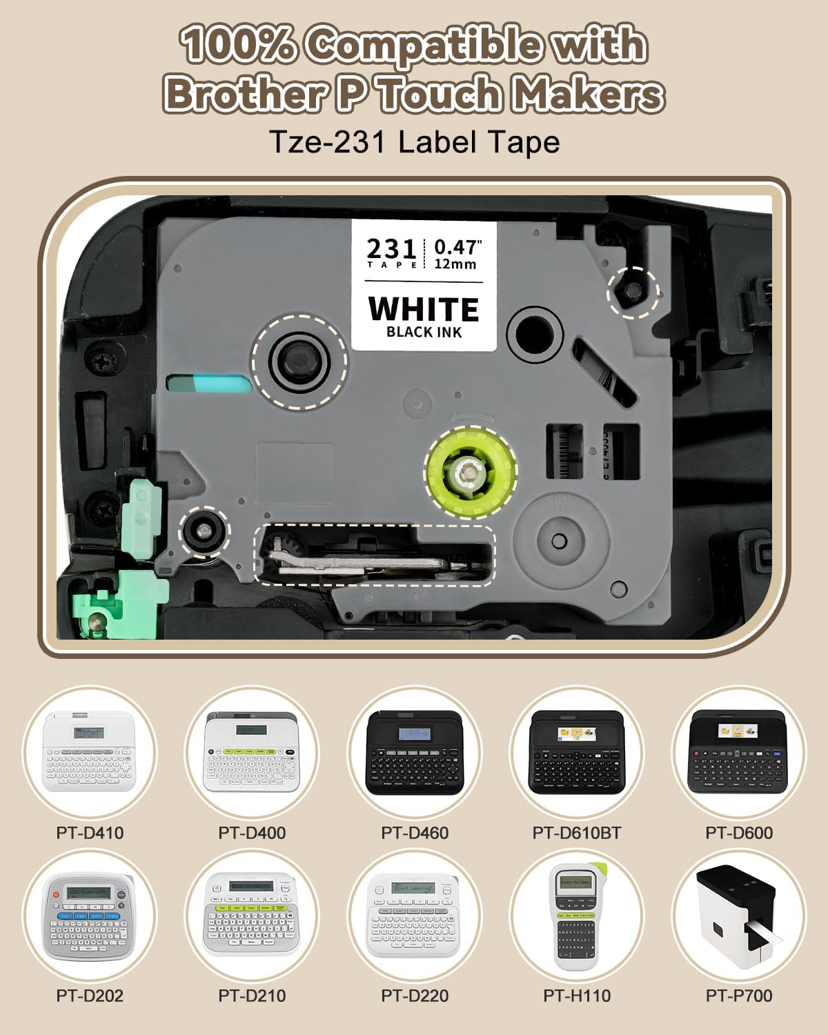 Replace for Brother Label Maker Tape 12mm 0.47 Laminated Black on White TZe-231 TZe231 TZ Tape, PTouch Compatible with Brother P Touch D210 D220 H110 D600 D400 1750 2030 Label Maker Refills, 5X