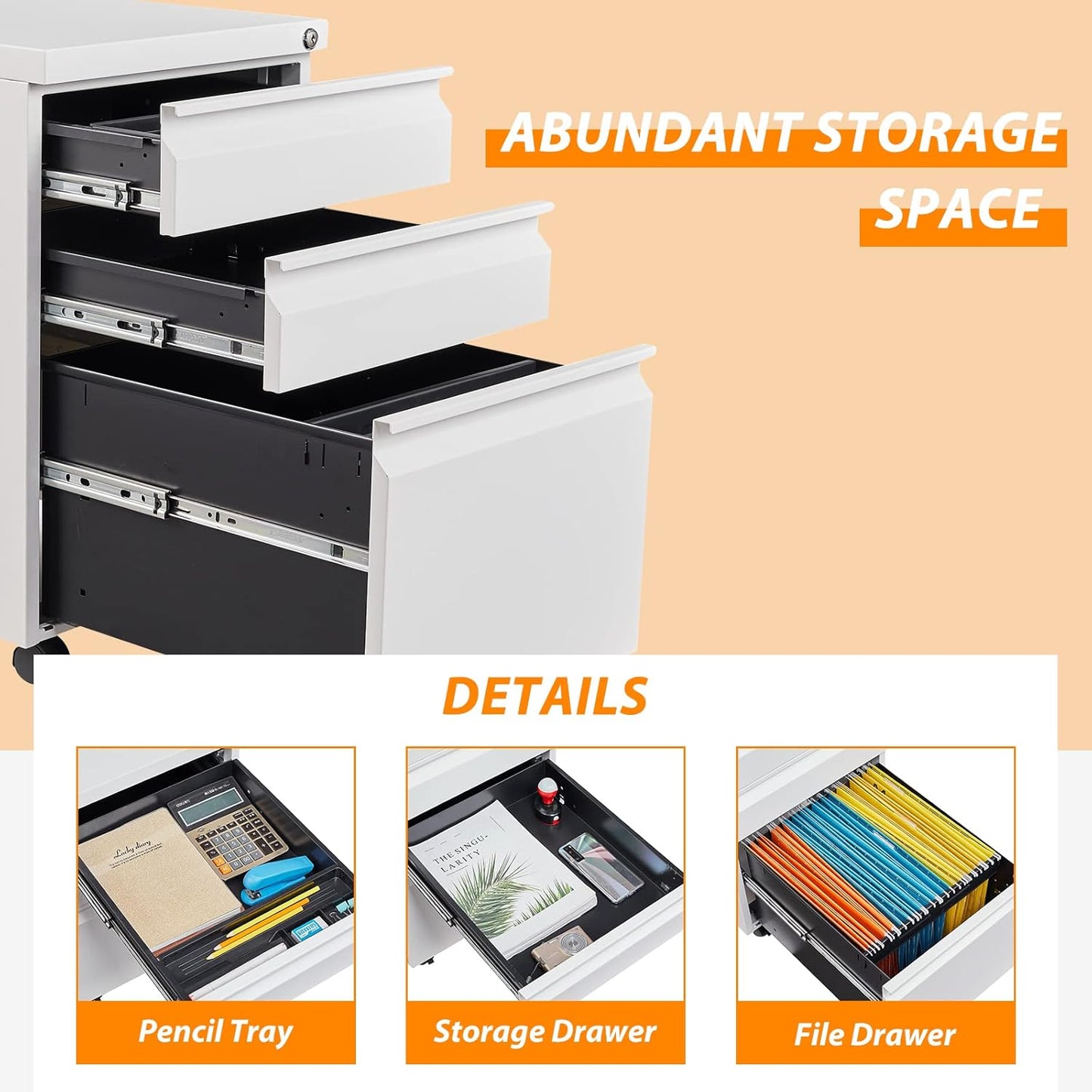 3 Drawer File Cabinet with Wheels, Metal Filing Cabinet with Lock, Office Rolling File Cabinets for A4/Legal/Letter Size, Assembly Required, White