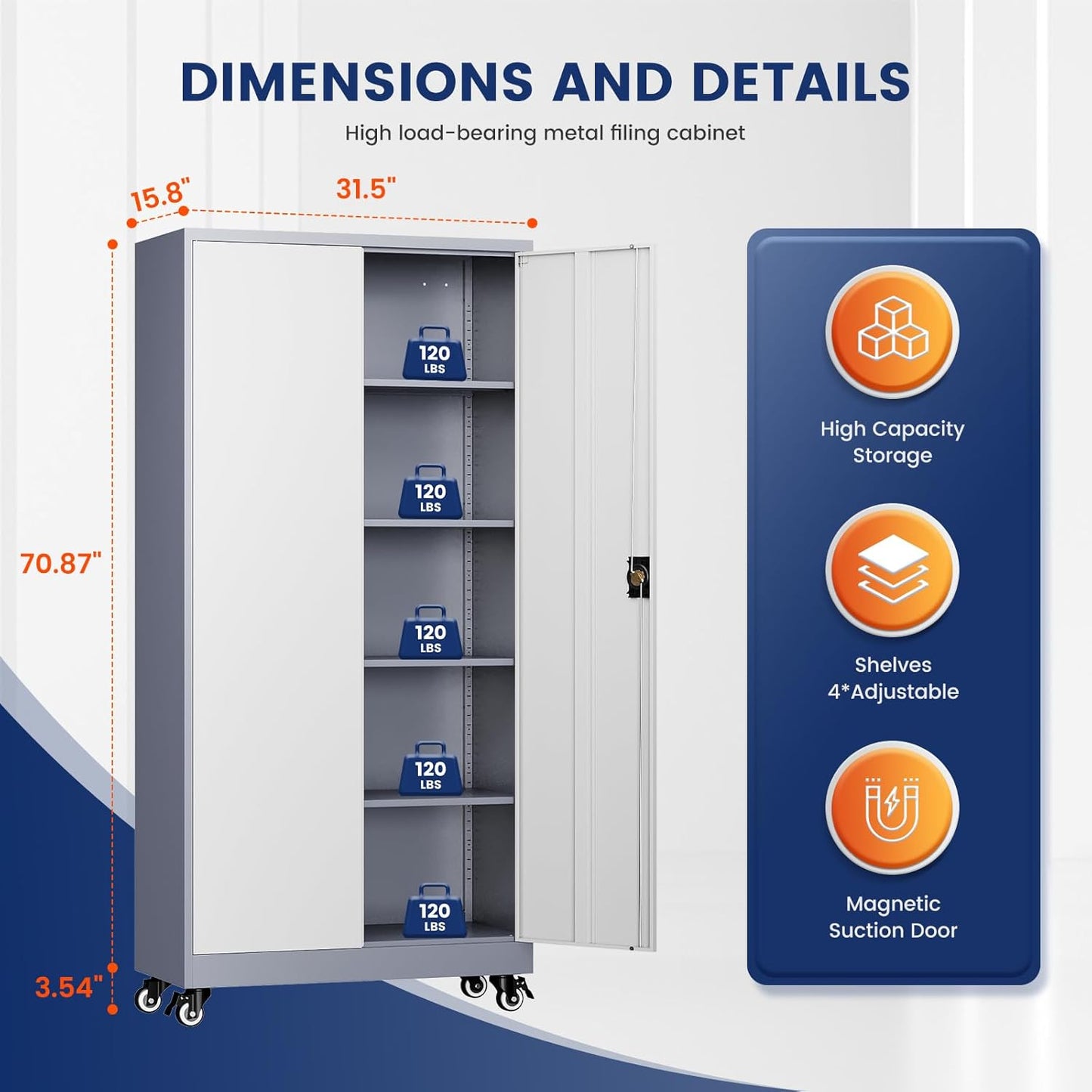 Yizosh Metal Garage Storage Cabinet with Locking Doors and Adjustable Shelves,- 75" Rolling Steel Tool Cabinet for Home Office,Garage,Warehouse