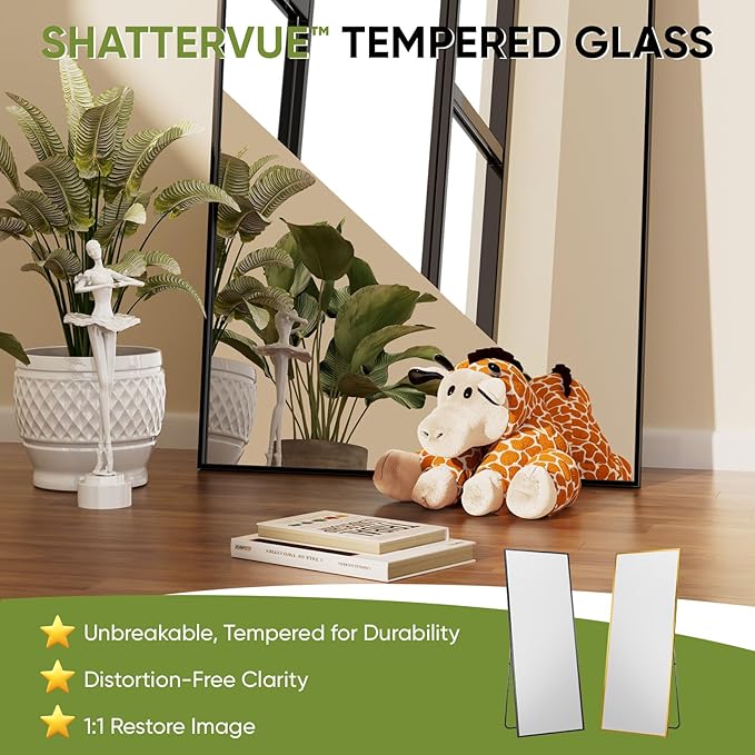 Full-Length Floor Mirror with Stand, 71"x28" Rectangle Style Full Body Standing Mirror for Bedroom, Living Room, Gym, Dorm - Shatter-Resistant & Easy Assembly, Black