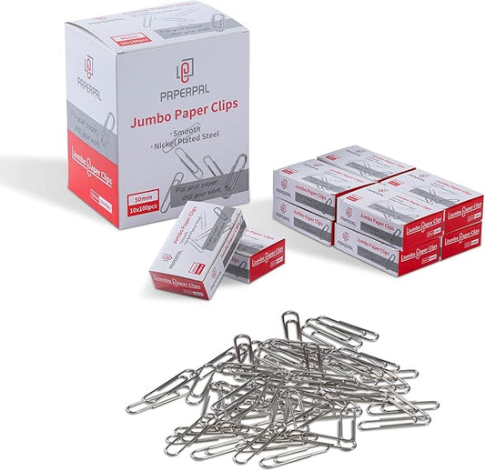 PAPERPAL Jumbo Paper Clips Smooth, 1000 Large Paperclips (10 Boxes of 100 Each), Bulk Paperclips for Office School & Personal Use, Daily DIY, 2" Silver Paper Clips Jumbo Size