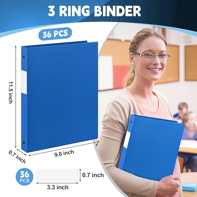 Henoyso 36 Pcs 3 Ring Binder 1/2'' Round Fits Letter Size 8. 5'' x 11'' Paper Plastic Flexible Binder Holds 100 Sheets with 1 Pockets Versatile Organizer for Office Home School (Blue)