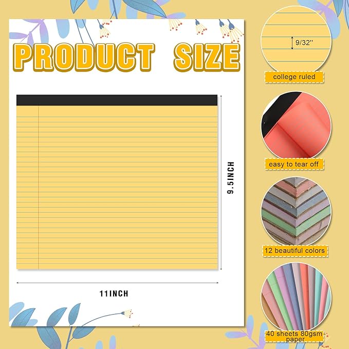 Lincia 12 Pcs 11" x 9.5" Legal Pads College Ruled Notepad Landscape Notebook Horizontal Lined Notebook 80 Gsm Assorted Colors Paper Pastel Writing Pads for School Office, 40 Sheet (Bright Color)