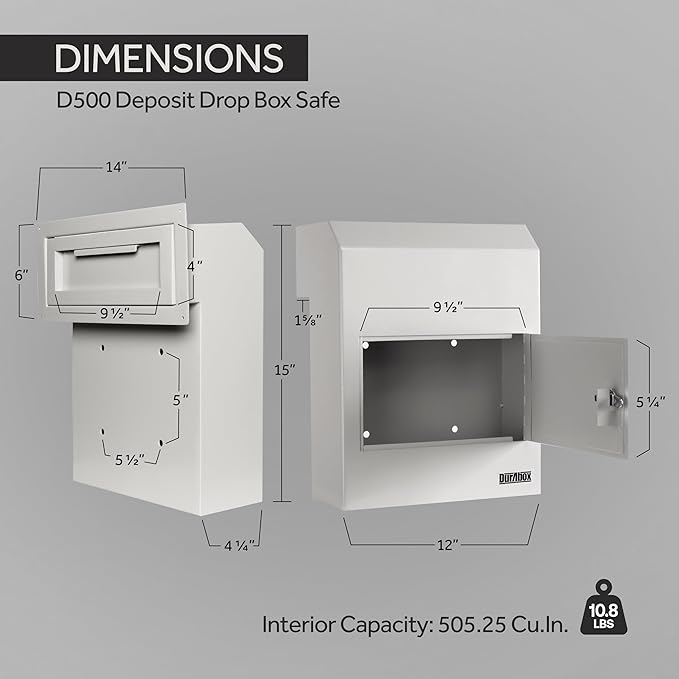 Through-The-Door Drop Box Deposit Safe 12 x 6 x 15 - Heavy Duty Steel Mailbox with Lock for Receiving Mail, Checks, Letters, Cash and More for Home, Office and Commercial Use (D500) (Gray)