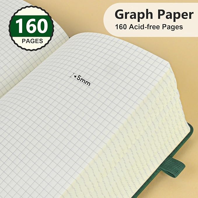 PERCUN Graph Paper Notebook, 160 Pages Grid Journal for women & men, A5 Hardcover Leather Graphing Notebook for School, Work, Travel, Note Taking 5.9”x8.5” (Green)